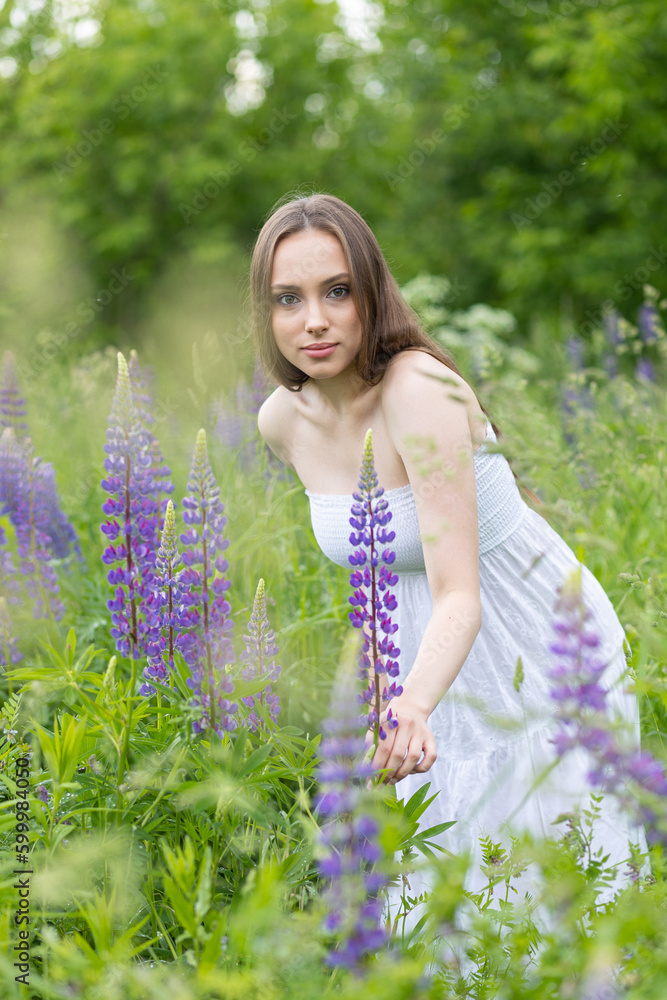 Beautiful young girl in a white dress, straw hat with a bouquet of violet flowers in her hands and picnic basket. Pretty woman in summer in the blooming field holding a bunch of purple lupin Beautiful young girl in a white dress, straw hat with a bouquet of violet flowers in her hands and picnic basket. Pretty woman in summer in the blooming field holding a bunch of purple lupin