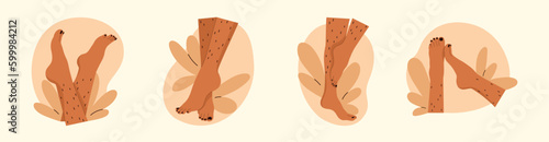 Set of unshaved hairy female legs with leaves. Body positive, normalize female body hair, skin care, depilation. Vector illustration in cartoon style. Isolated background.