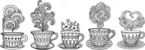 Set of coffee cup or tea cup with artistic steam for adult coloring page, engraving, papercut, laser cut and so on. Vector illustration. Editable line thickness.