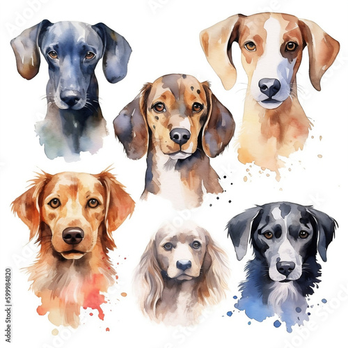 Watercolor dogs on white background. Generative AI