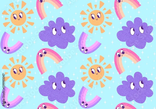 Retro summer cartoon seamless sun and rainbow and clouds pattern for wrapping paper and kids clothes print © Tetiana