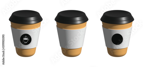 Set of takeaway coffee cup mockup icons isolated on white background, takeaway coffee cup empty for typing and logos, realistic 3d brown coffee cup with paper sleeve black lid. Vector illustration