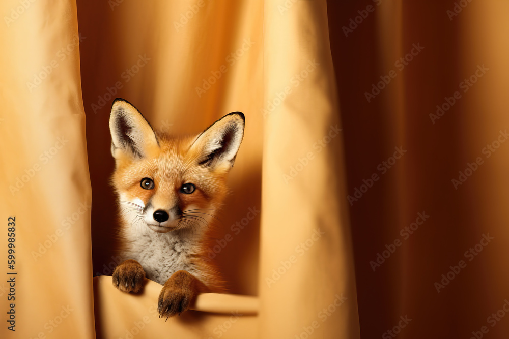 Obraz premium fox next to orange curtain, ai generated
