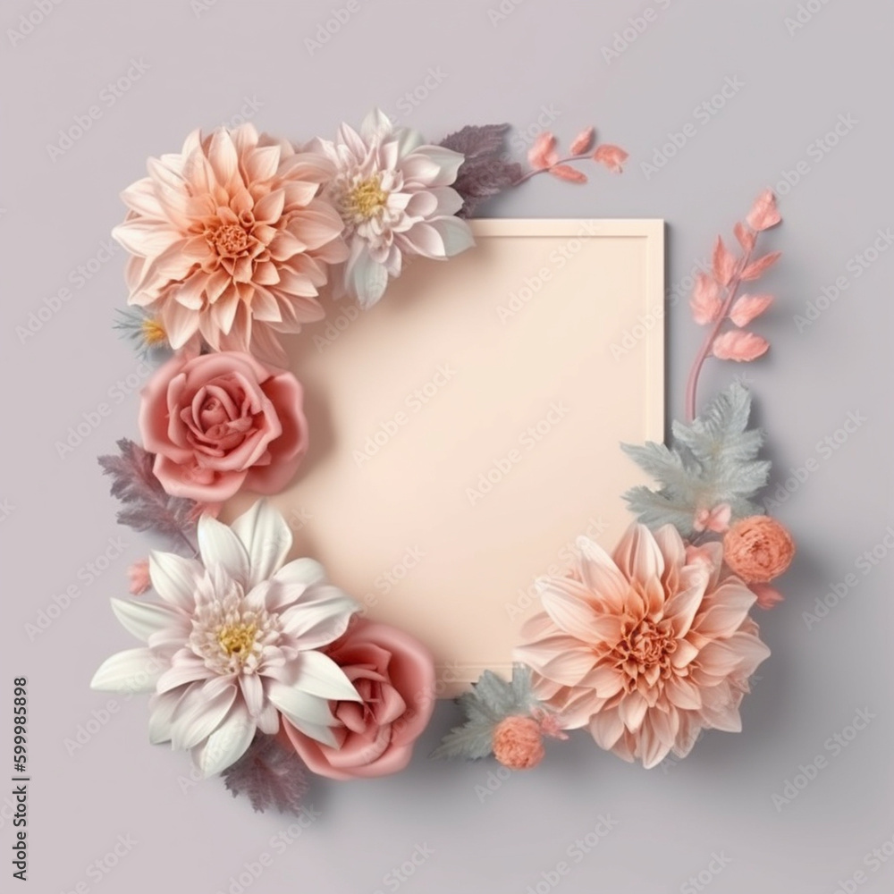 Creative layout made with  flowers with paper card note. Minimal nature love background. Spring flowers concept.