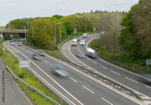 Traffic on the M25 at the Thorpe interchange. The M3 and M25 smart motorways meet at this interchange. © Alasdair Jones