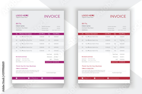 Simple and stylish professional invoice vector template in purple and red colors.