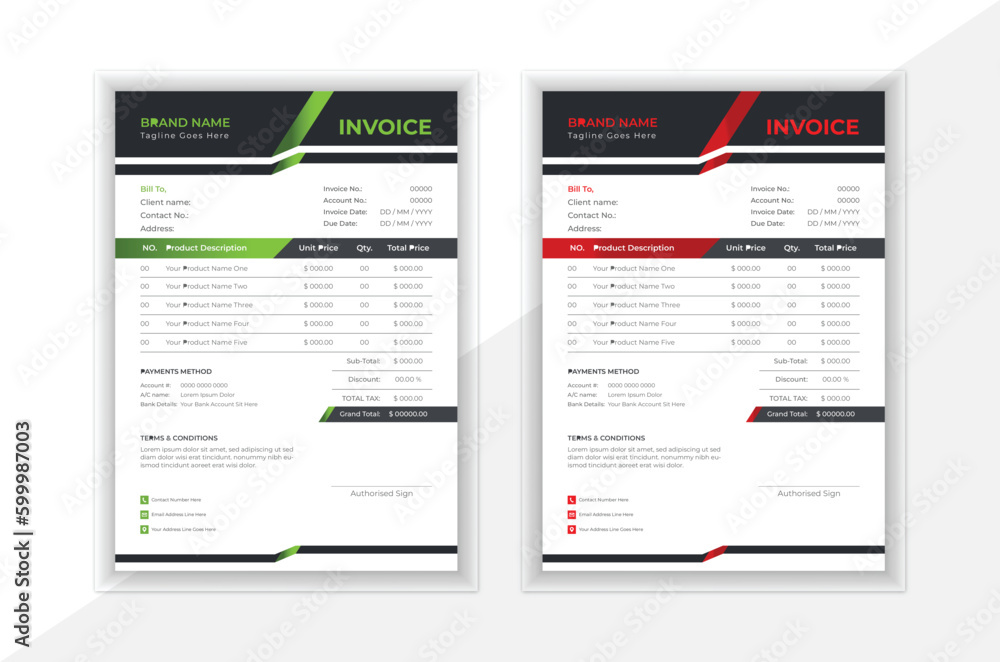Corporate invoice design in attractive gradient variations of red and green colors. Corporate invoice design in attractive gradient variations of red and green colors.