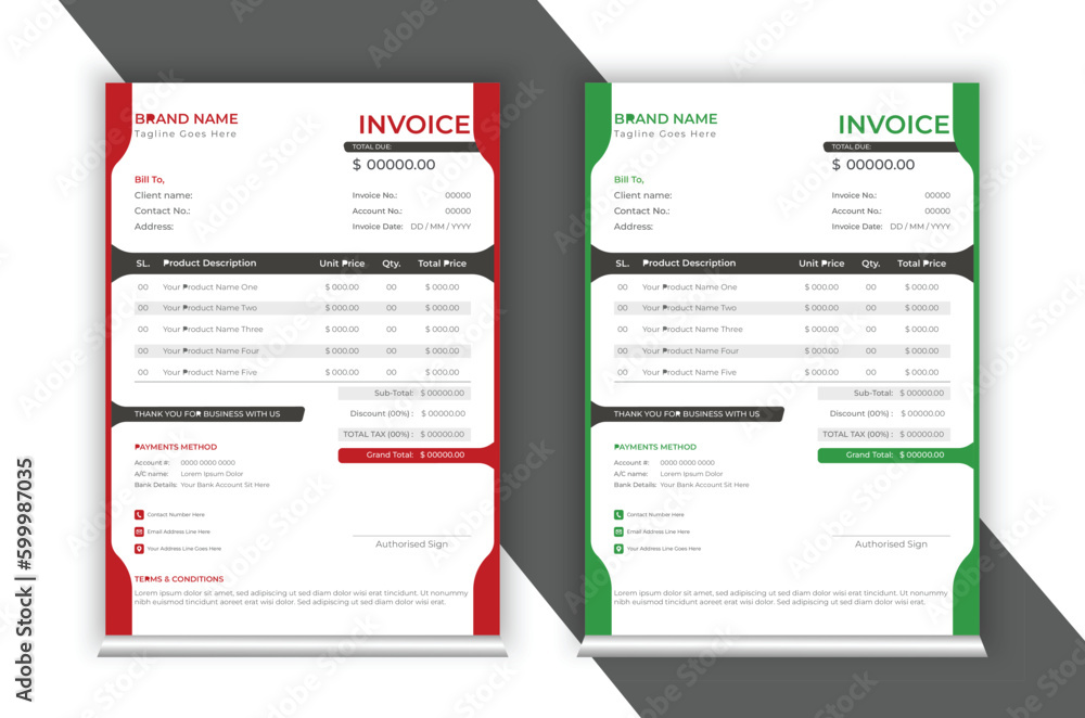 Corporate Business Invoice Template. Professional invoice layout in attractive gradient variations of green, red and black colors.