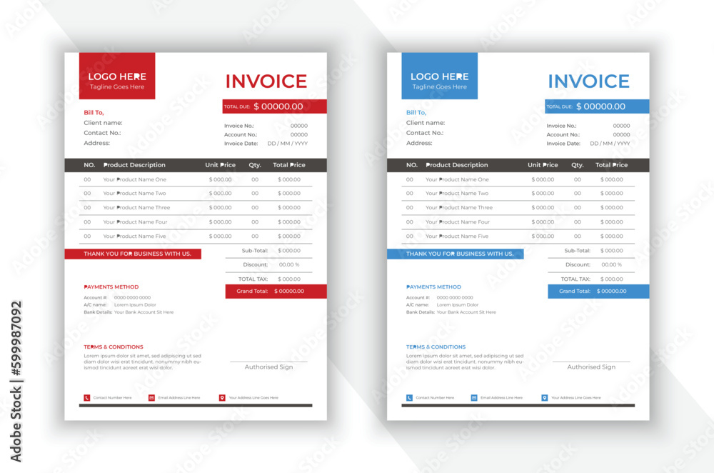 Corporate invoice design in attractive variations of red and blue colors.