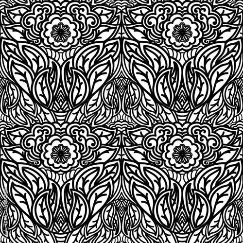 Black and white seamless pattern with flowers, leaves, paisley elements. Hand-drawn design inspired by the Zentangle.