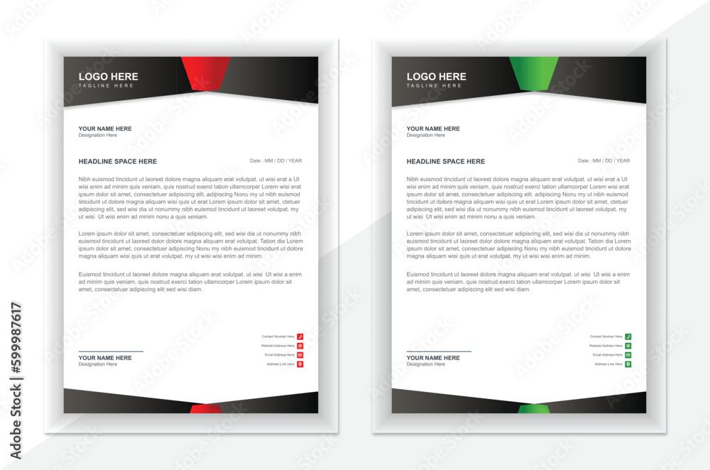 Modern letterhead template in attractive gradient variations of black, green and red colors. Modern letterhead template in attractive gradient variations of black, green and red colors.