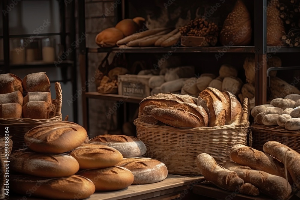 Fresh bread counter. Delicious loaves of bread in a baker shop. Different types of bread loaves on wooden bakery shelves. Image generated by AI