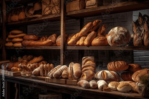 Fresh bread counter. Delicious loaves of bread in a baker shop. Different types of bread loaves on wooden bakery shelves. Image generated by AI