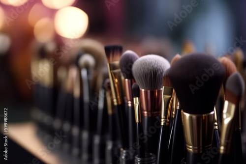 Variety of Makeup brushes, salon blurry background Generative AI