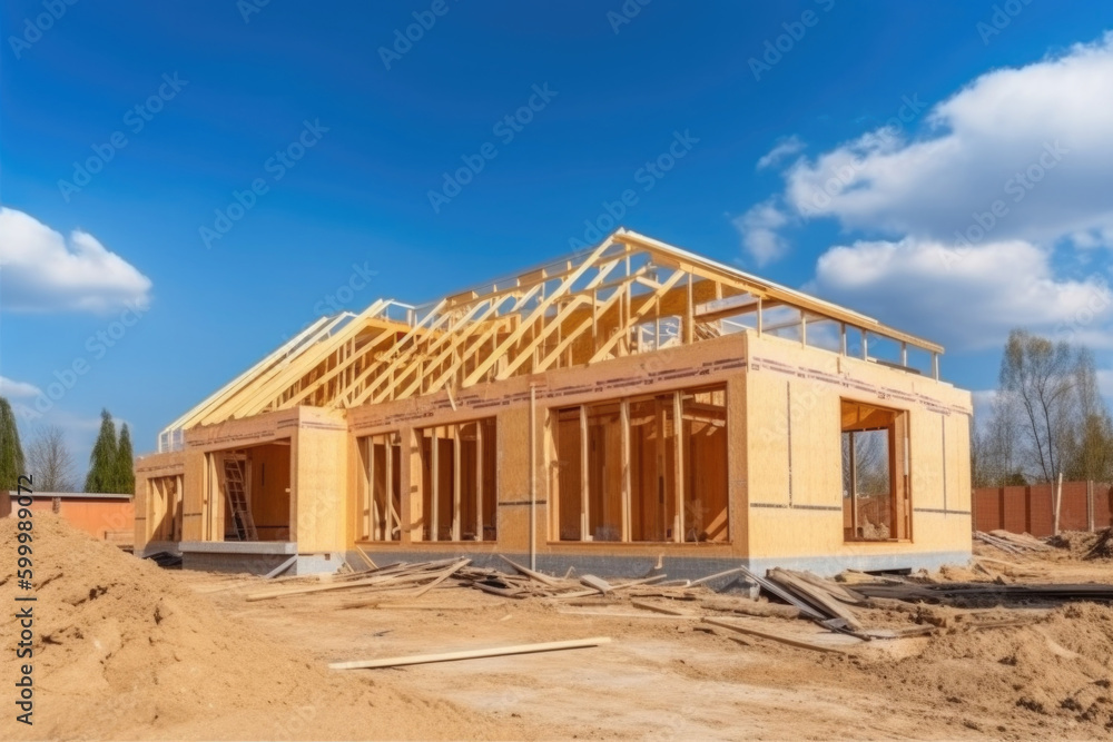 Building private country house. Suburb house construction. New home under construction. Created with Generative AI Building private country house. Suburb house construction. New home under construction. Created with Generative AI