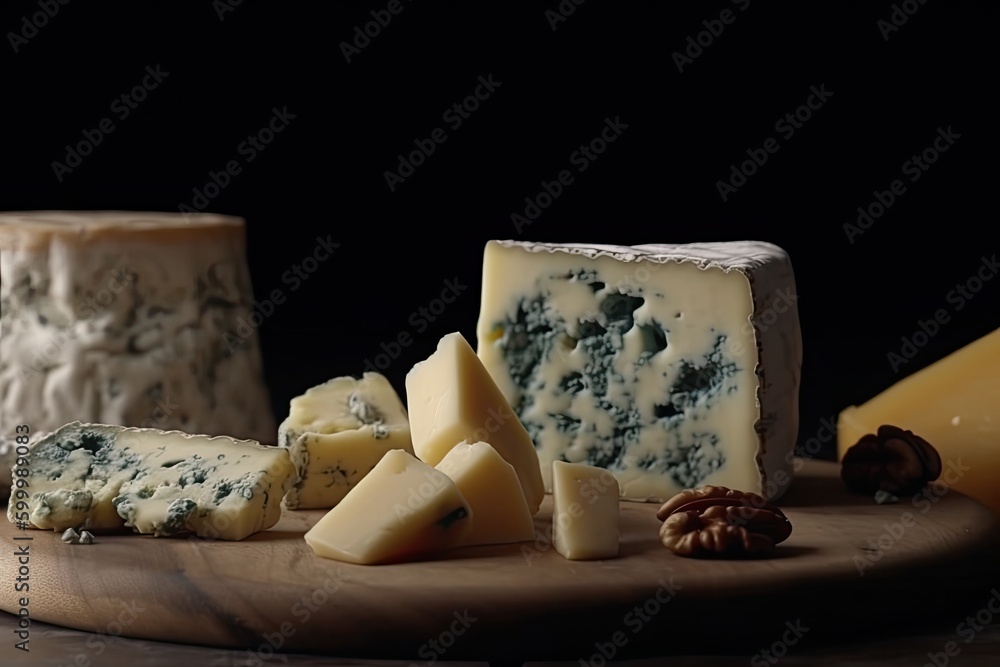 Tasting cheese dish on a wooden plate. Food for wine and romantic, cheese delicatessen on a dark stone table. with copy space. Image generated by AI