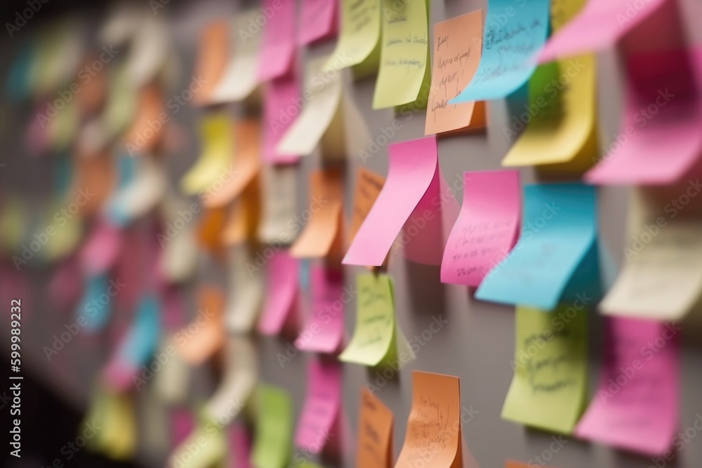 Sticky notes board in office. Many different colorful paper stickers pinned on wall. Memory notes for business planning. Created with Generative AI