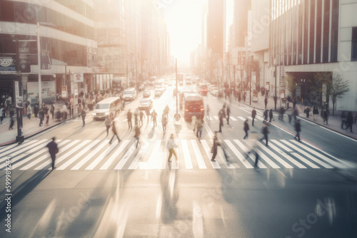 Rush hour in city. Unrecognizable people walking at city street, motion blur effect. Pedestrians at crossroad. Created with Generative AI