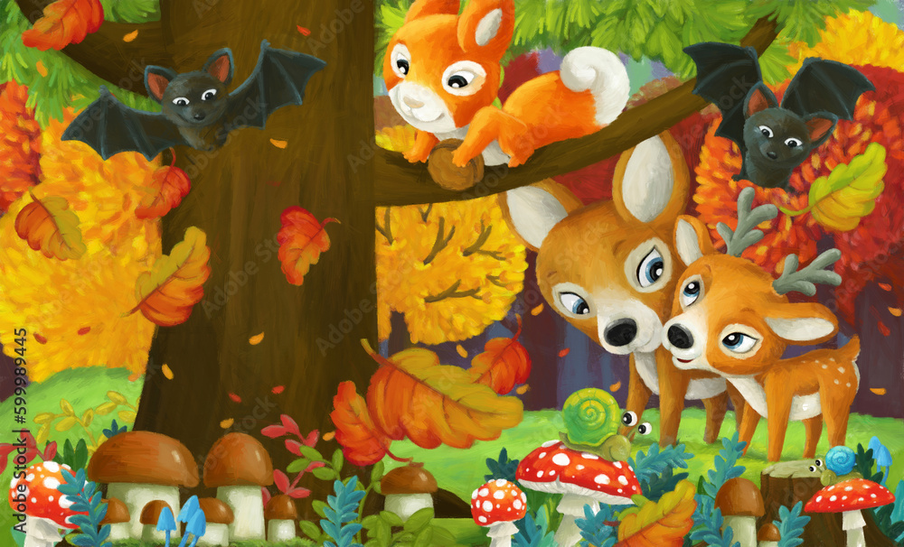 cartoon fun scene forest animals friends together cartoon fun scene forest animals friends together