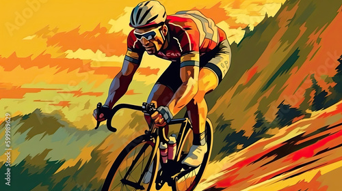 Illustration of a male road cyclist racing down a mountain road in an orange and black jersey. The abstract background connotes speed. This image was created using AI generative technology.