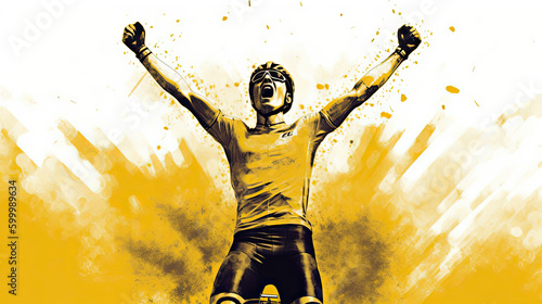 Fotografie, Obraz Illustration of a male cyclist in a yellow jersey raising his arms in victory