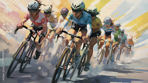 Oil painting styled illustration of a women's bicycle race on an abstract background This image was created using AI generative technology.