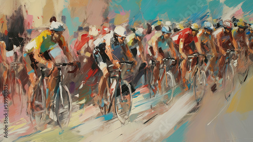Oil painting styled illustration of a bicycle race on an abstract background This image was created using AI generative technology.