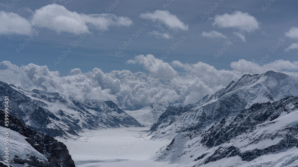 Snow-covered Swiss Jungfrau and surrounding mountains