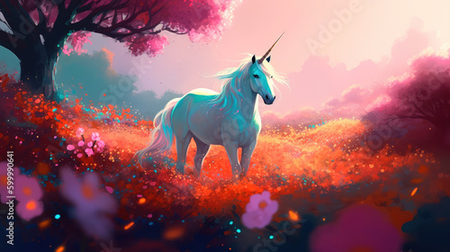 Unicorn on a blooming meadow, colorful colors in anime style. Generative AI © keks20034