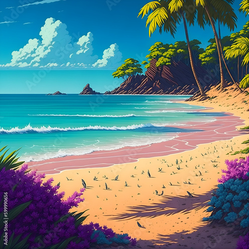 Beach summer vibes illustration scene, anime style, sunny day with a beautiful blue sky, trees and colorful flowers. Generative AI