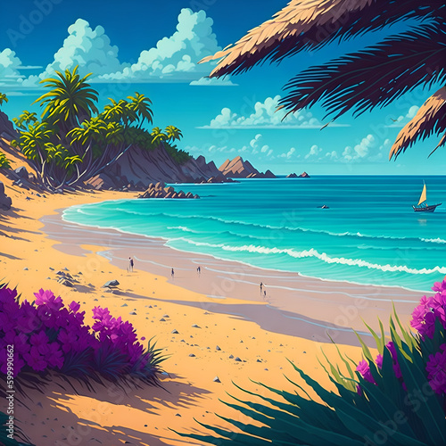 Beach summer vibes illustration scene  anime style  sunny day with a beautiful blue sky   trees and colorful flowers. Generative AI