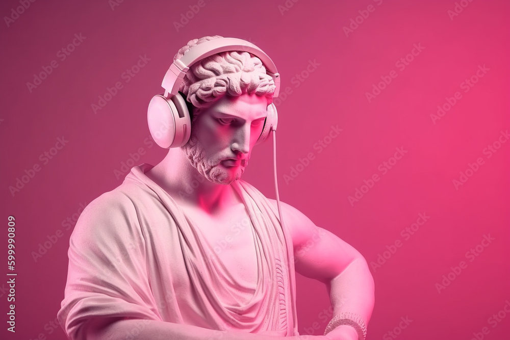 Ancient Greek sculpture of a man in headphones. AI generated image. Stock Illustration Adobe Stock