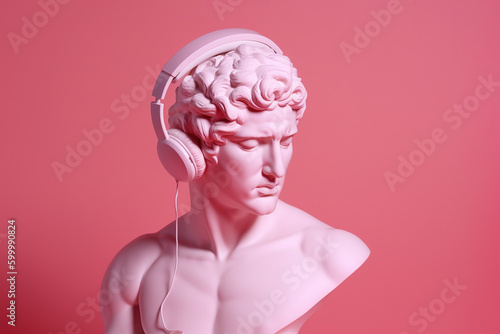 Ancient Roman bust of a man in headphones. AI generated image.	