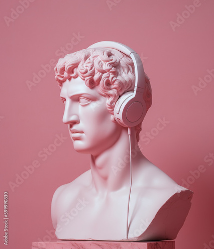 Ancient Greek bust of a man in headphones. AI generated image.	