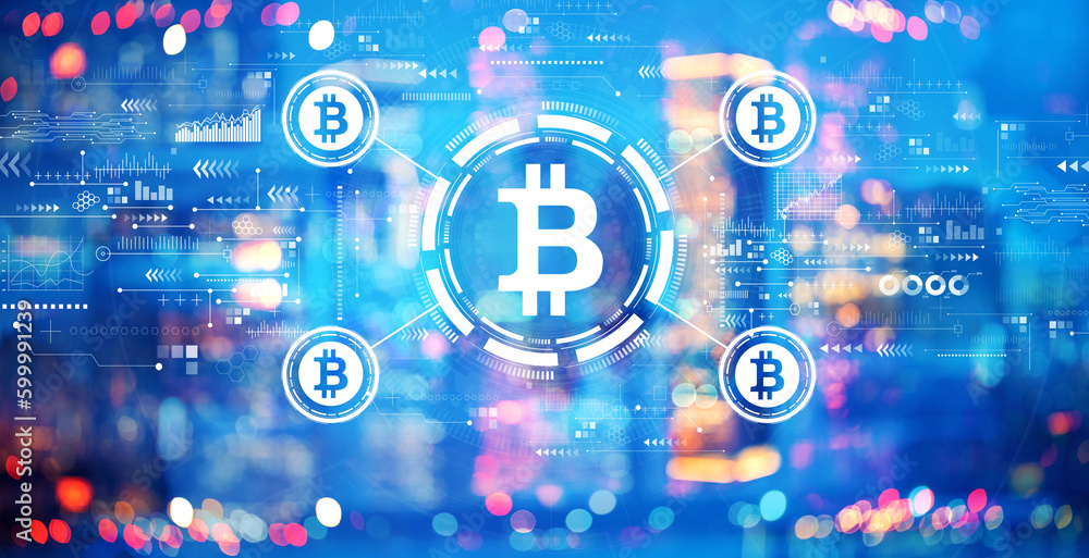 Bitcoin theme with blurred city lights at night Bitcoin theme with blurred city lights at night