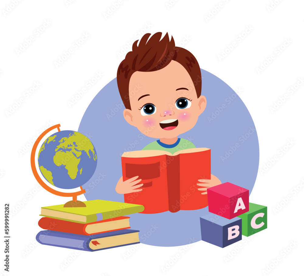 Little boy reading a book and a stack of books with abc letters on a white background.