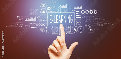 E-Learning theme with hand pressing a button on a technology screen