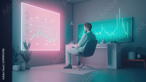 Man watching value charts on television. Generative AI