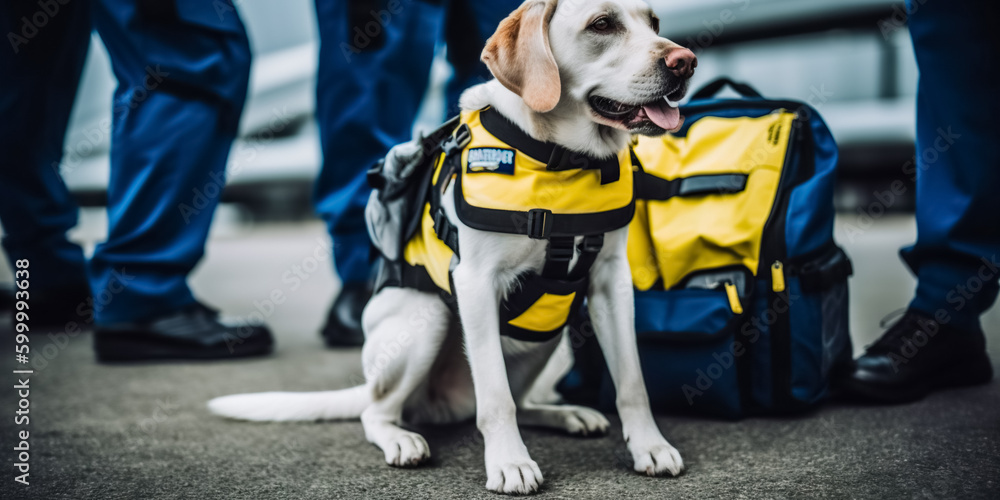 Security workers with detection dog patrolling airport terminal Stock