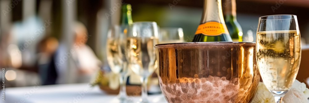 Luxury holiday composition, a bottle of chilled champagne in an ice bucket and glasses on the table in front of the seated people, festive lights in the background Luxury holiday composition, a bottle of chilled champagne in an ice bucket and glasses on the table in front of the seated people, festive lights in the background