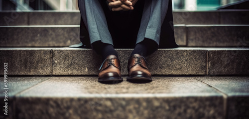 Tired or stressed businessman sitting on the walkway in the city after his work. Image of Stressed businessman concept.
