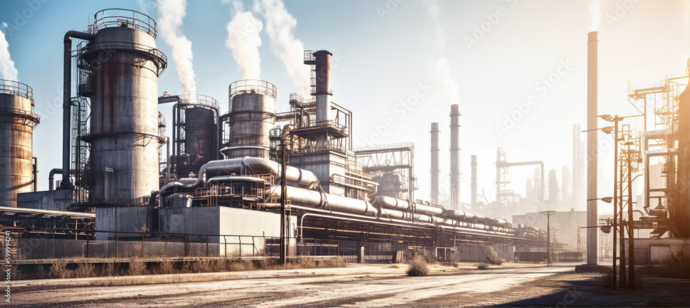 Large chemical factory - potassium processing plant, wide angle view on sunny day, as imagined by Generative AI Large chemical factory - potassium processing plant, wide angle view on sunny day, as imagined by Generative AI