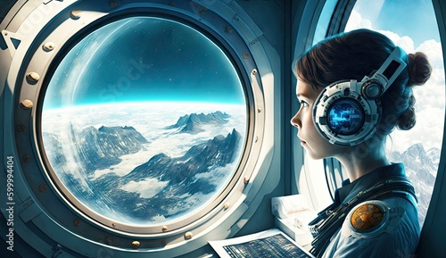 illustration of the woman space commander on the spaceship