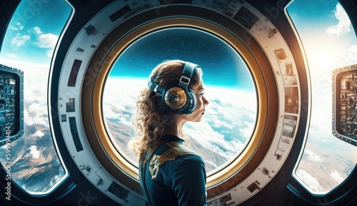 illustration of the woman space commander on the spaceship