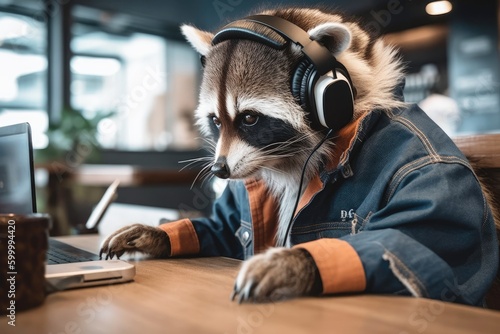 racoon in clothes with headphones