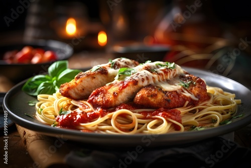 scrumptious chicken parmesan with spaghetti, tomato sauce, basil, Italian style, Generative AI