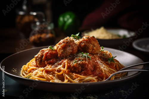 A plate of spaghetti with meatballs and tomato sauce in a cozy Italian restaurant, AI-generated art, Generative AI, illustration