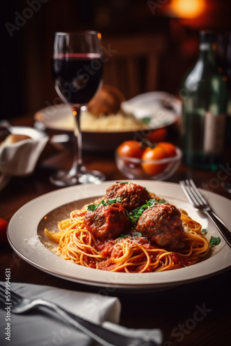 A plate of spaghetti with meatballs and tomato sauce in a cozy Italian restaurant, AI-generated art, Generative AI, illustration