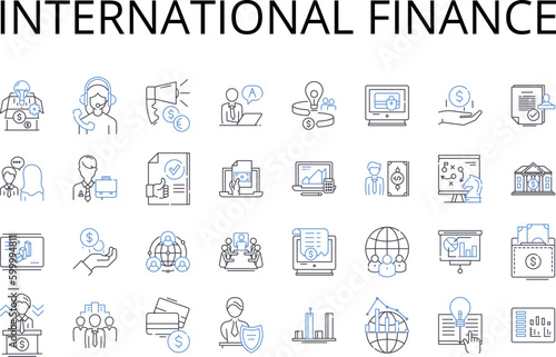 International finance line icons collection. Corporate finance, Global economics, Capital markets, Financial management, Mtary policy, Investment banking, Trade finance vector and linear illustration