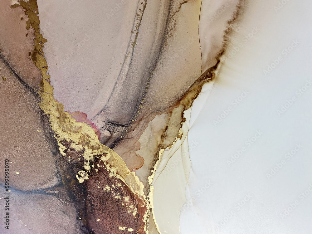 Abstract purple art with beige and gold — violet background with brown, beautiful smudges and stains made with alcohol ink and golden pigment. Pink fluid art texture resembles watercolor or aquarelle.